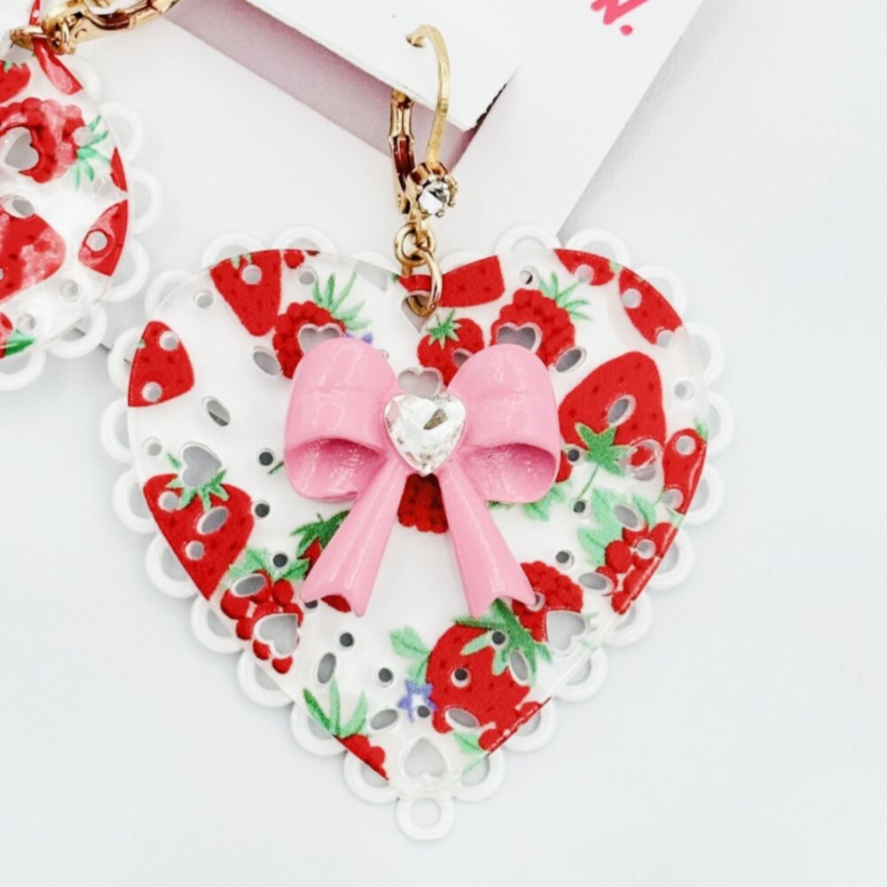 Valentine's Baby Cakes Lucite Strawberry Heart & Bow Earrings - Picture 4 of 4